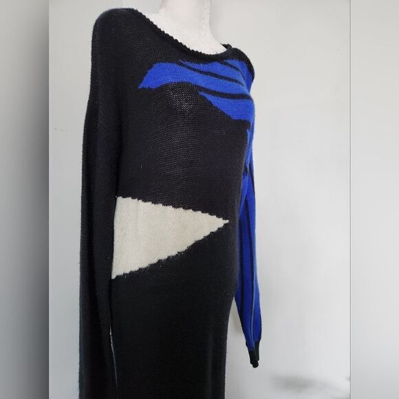 80s Black Knit Sweater Dress Maxi Colorblock Angora - Picture 2 of 9